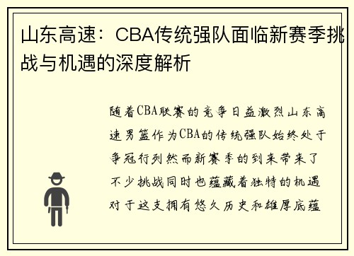 山东高速：CBA传统强队面临新赛季挑战与机遇的深度解析