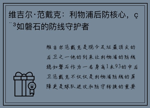 维吉尔·范戴克：利物浦后防核心，稳如磐石的防线守护者