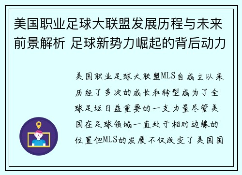 美国职业足球大联盟发展历程与未来前景解析 足球新势力崛起的背后动力