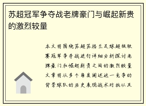 苏超冠军争夺战老牌豪门与崛起新贵的激烈较量
