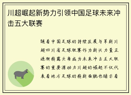 川超崛起新势力引领中国足球未来冲击五大联赛